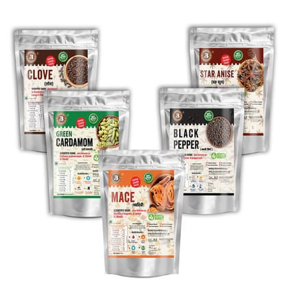 Brew Lab Sabut Garam Masala Packet Combo Of Clove, Cardamom, Mace, Black Pepper, Star Anise (5 x 100 grams)