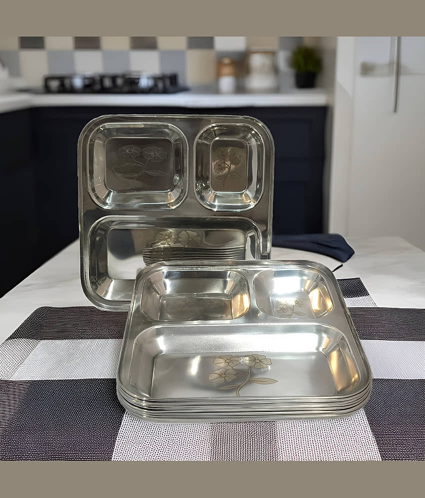 kitchrox 9 Pcs Stainless Steel Silver Partition Thali