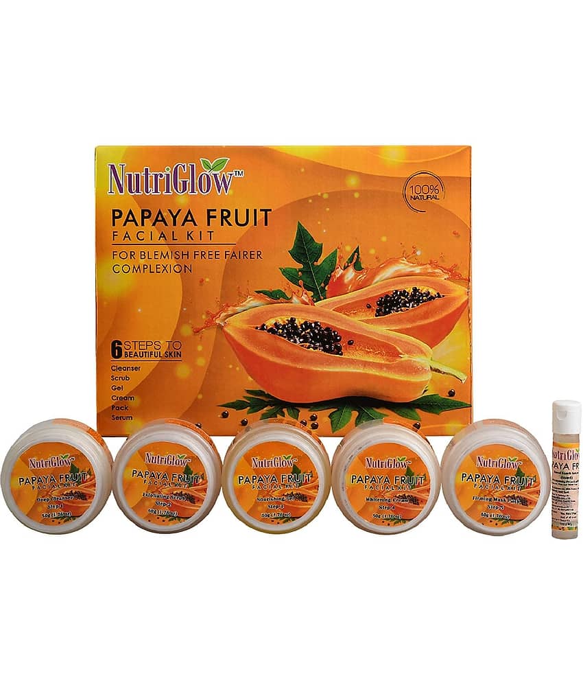 NutriGlow Papaya Fruit Facial Kit for Men, Women for Glowing Skin with Papaya & Lemon Extract for Blemish Free, Dark Spot, 250gm + 10ml