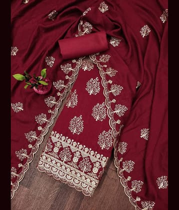 Rangtulika Ethnics Unstitched Cotton Embroidered Dress Material - Red ( Pack of 1 )