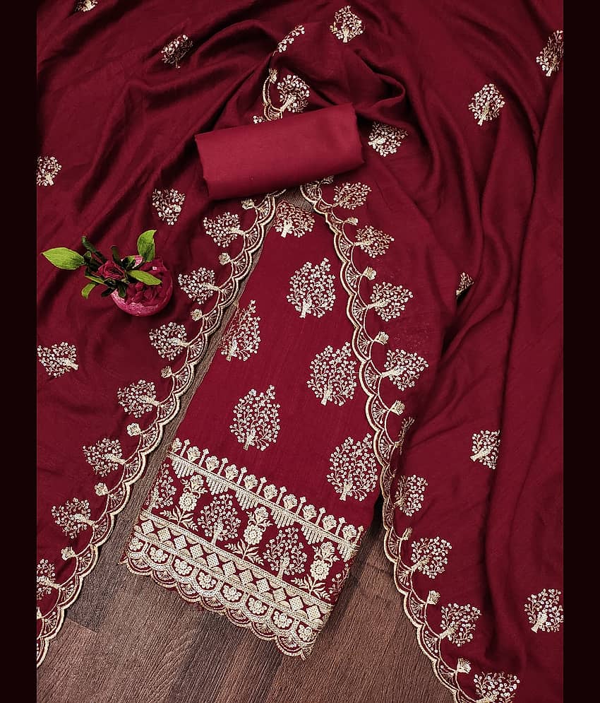 Rangtulika Ethnics Unstitched Cotton Embroidered Dress Material - Red ( Pack of 1 )