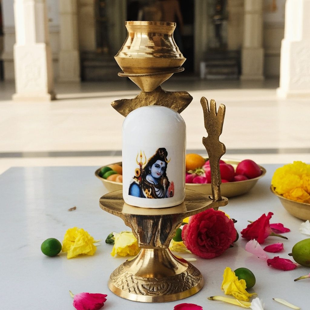 Brass Shivling With White Stone � Size 0 Sacred Lingam, 3, Height : 3.8 Inch (ZMAS462 A)