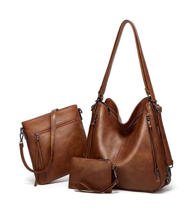 Women's PU Leather Medium Shoulder Zipper Handbag (Brown)
