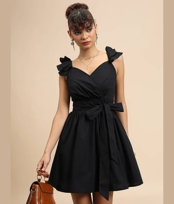 Tokyo Talkies Women Cotton Solid Fit & Flare Dress ( Black )