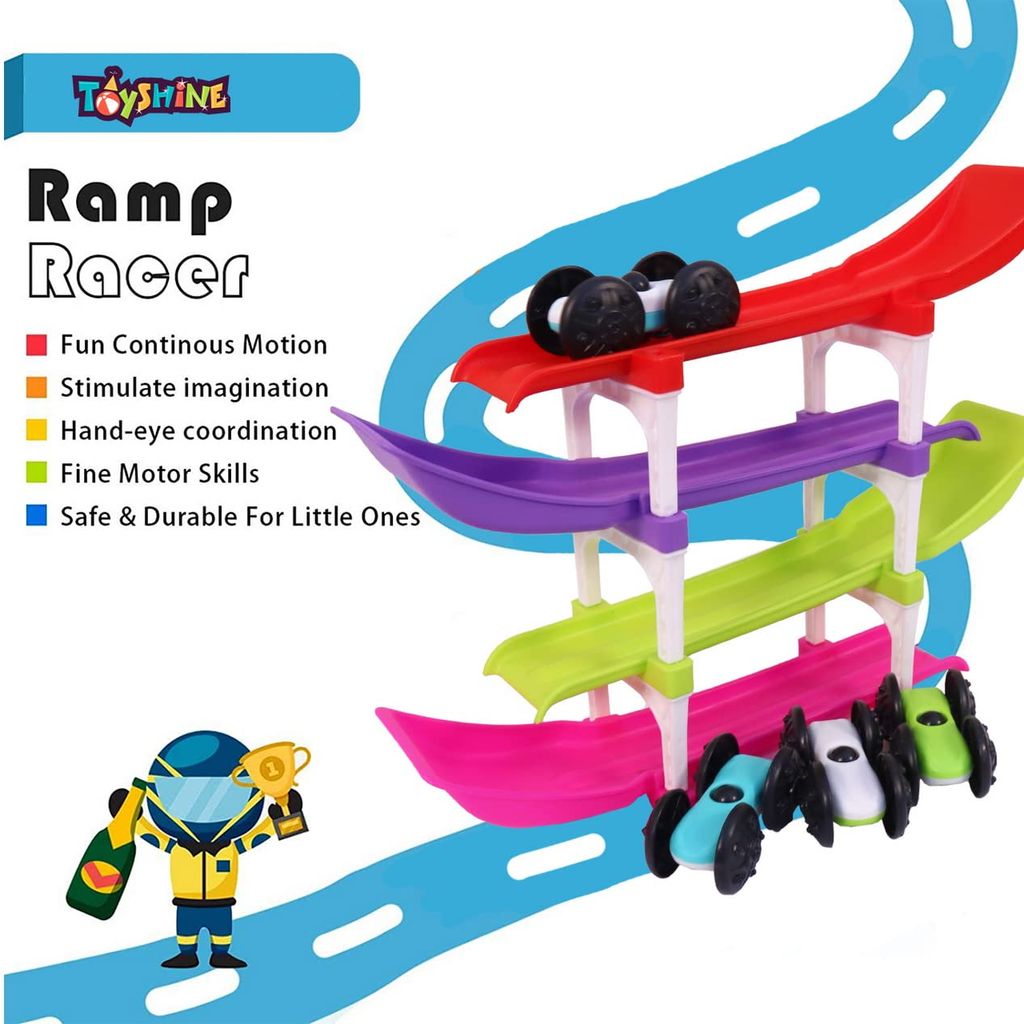 Racer Ramp Toy With 4 Cars, 4 Ramps And Race Track For 1, 2, 3 Toddlers, Boys & Girls Educational Vehicle With Figures
