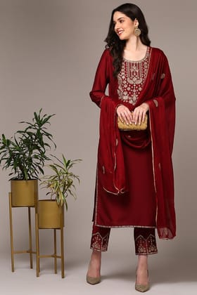 Plus Size Maroon Silk Blend Yoke Design Straight Suit Set PKSKD1990