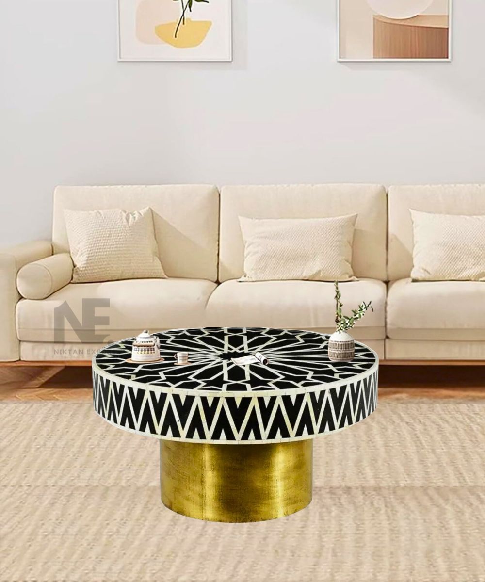 Round Black Bone Inlay Coffee Table | Handmade Center Table with Foldable Brass Legs