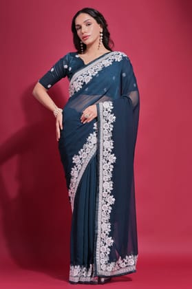 Teal Embroidered Georgette Saree