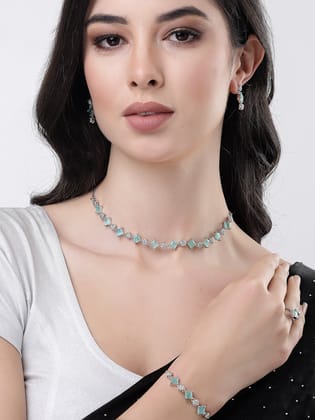 NVR women silver plated & Blue CZ stone handcrafted jewellery set-Onesize / Silver / Brass