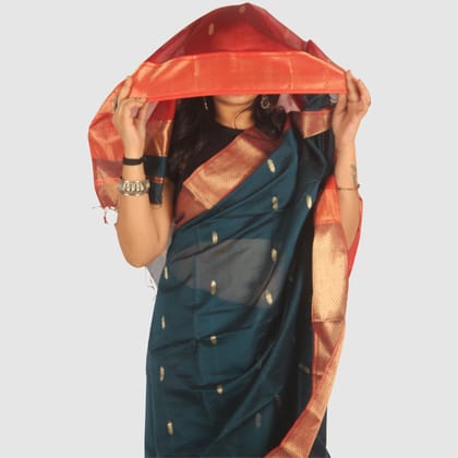 Teal Green and Maroon Maheshwari Silk Cotton Saree with Gold Zari Border