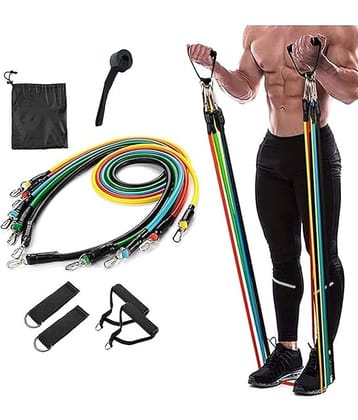 Resistance Bands 11 pcs Set, Stretching and Exercise, Toning Tube kit with Door Anchor, Foam Handles, Leg Ankle Strap and Carry Bag and Box Packaging for Men & Women Workout at Home & Gym, Pack of 1