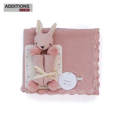 Rabbit- Pink Pearl Cotton Knitted All Season AC Blanket with Cuddle Cloth Set for Babies (Set of 2 - Blanket & Soft Toy )-Pink