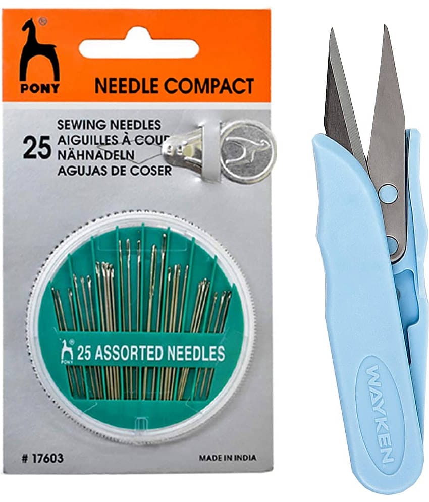 Shree Shyam™ Pony Hand Sewing Needles for Hemming, Beads Zardosi Embroidery & Jewelry Making- (Standard Size, Multicolour) + WAYKEN Sewing Thread Cutter with Steel Blade, Plastic Handle (1 Piece)