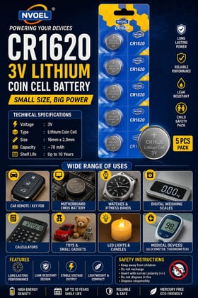 NOVEL CR1620 3V Lithium Coin Cell Battery Pack of 5 | Button Batteries for Car Keys, Watches, Calculators, Medical Devices, Fitness Accessories and Electronics