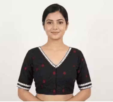 Black Cotton Printed V-Neck Elbow Sleeve Saree Blouse for Women