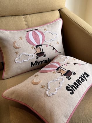 KRI India Melange Kids Carnival Personalised Name Cushion Covers| Blue; Blush Pink | Blue & Pink  | 12x18 inches  | Wash & Care | 100% Cotton | Handcrafted in India. 100% organic & natural.