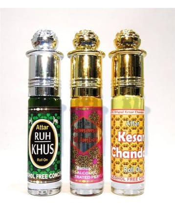 INDRA SUGANDH BHANDAR Attar Ruh Khus, Shamama Tul Amber, Kesar Chandan 3 pc. Combo Concentrated perfume Long lasting Fragrance