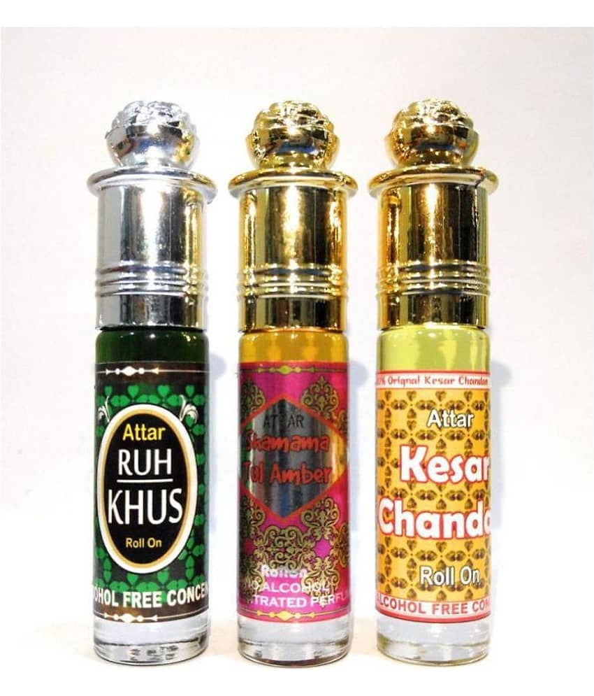 INDRA SUGANDH BHANDAR Attar Ruh Khus, Shamama Tul Amber, Kesar Chandan 3 pc. Combo Concentrated perfume Long lasting Fragrance