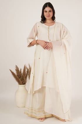 White chanderi tunic,sharara Set of 3-S
