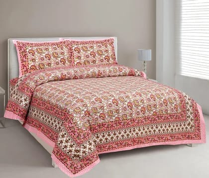 3001-Hometrade India-Standard King Size (90*108 Inches)-Pure Cotton Jaipuri Double Bedsheet With Matching Pillow Cover