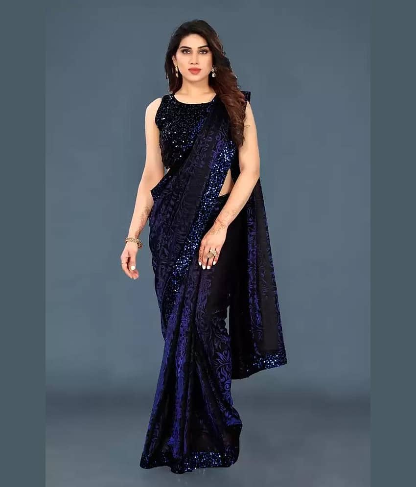 Shree Gullak Silk Lycra Printed Saree With Unstitched Blouse Piece ( Navy Blue )