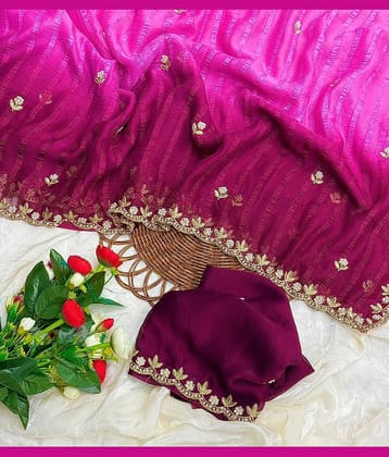 KV Fashion Chiffon Embroidered Regular Saree With Unstitched Blouse Piece ( Turquoise )