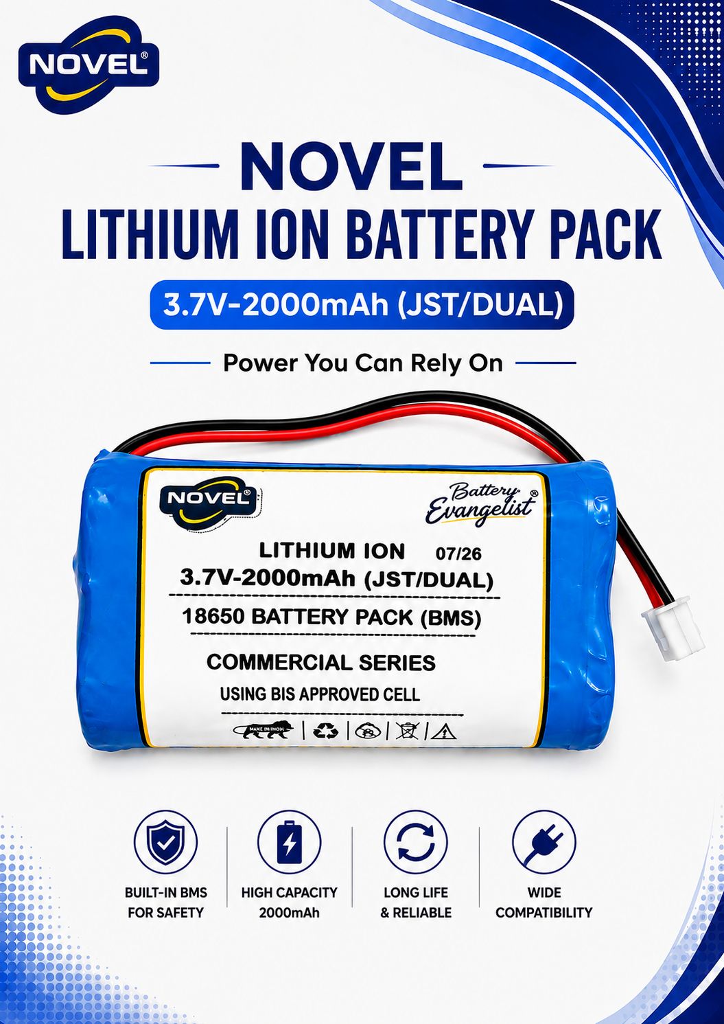 NOVEL 3.7V BMS 18650 LITHIUM ION DUAL BATTERY PACK WITH JST 2PIN- 2000mAh