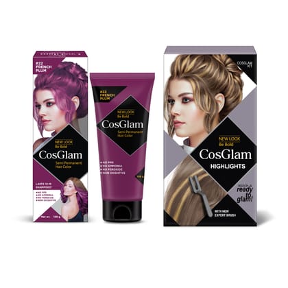 COSGLAM Semi Permanent Hair Color French Plum 120g and Hair Highlighter Kit 115g, Highlights Hair Dye