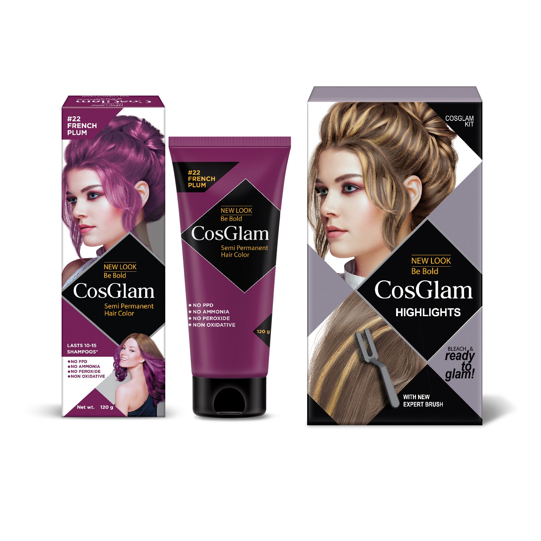 COSGLAM Semi Permanent Hair Color French Plum 120g and Hair Highlighter Kit 115g, Highlights Hair Dye