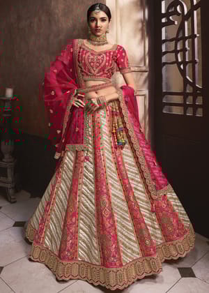 White And Pink Banarasi Silk Embroidered Desinger Lehenga