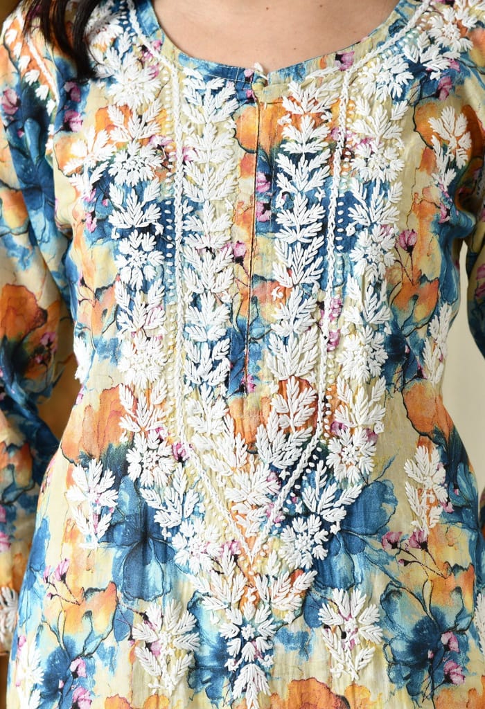 Multi color Mulmul Pure Cotton Lucknow Chikankari Kurta -Teal & Orange