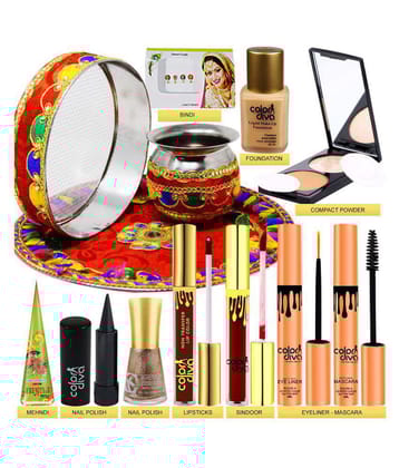 Adbeni Karwa Chauth Pooja Thali Set With Makeup Combo, Pack of 13 Face 391