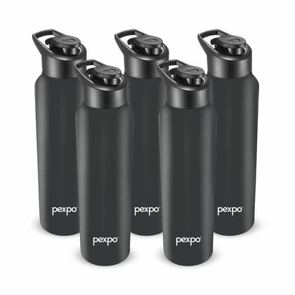 PEXPO Stainless Steel Sports/Fridge Water Bottle, 1000 ml, Pack Of 5, Knight Black, Chromo | Wide Mouth & Leak-Proof Water Bottle