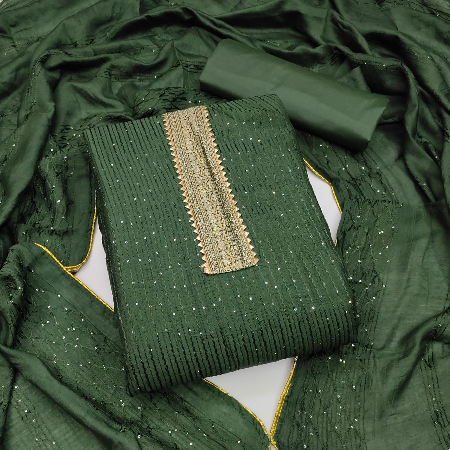 Chanderi Croset work Dress Material (Unstitched)-Green