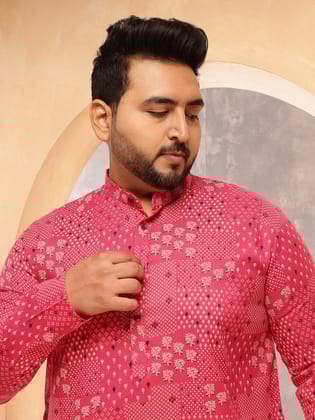 Men's Cotton Blend Sanganeri Printed Pink Long Kurta-46
