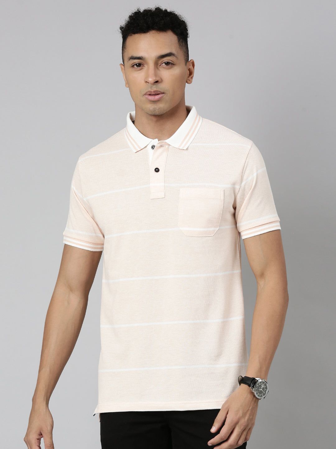 Classic Polo Men's Polo Neck Cotton Lt.Peach Slim Fit Striped T-Shirt | ADORE-216 A SF P