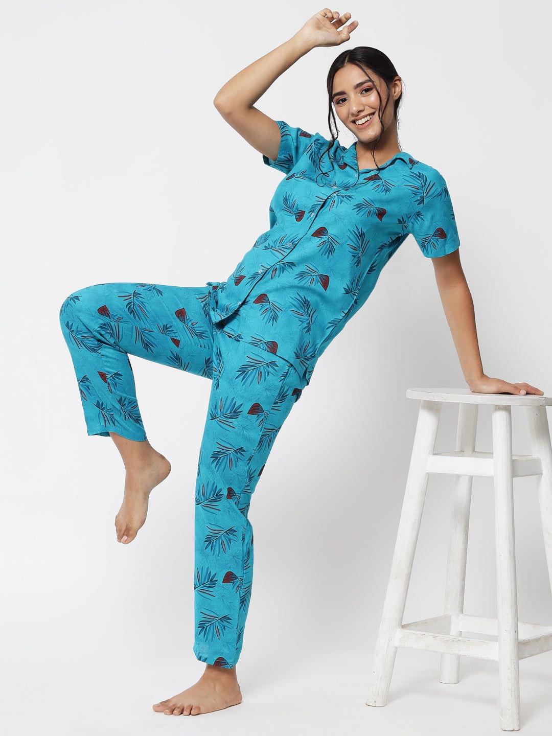 Printed Button Up Blue Nightsuit For Women With Pockets in Pyjamas N75S0