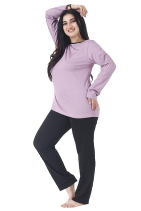 Black Solid Pyjamas with Contrast Top Night Suit Set-Purple & Black-L / L / Purple & Black