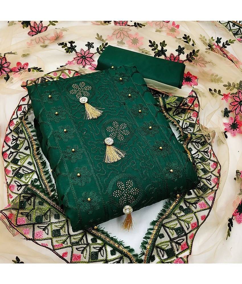 Gazal Fashions Unstitched Cotton Embroidered Dress Material - Green ( Pack of 1 )