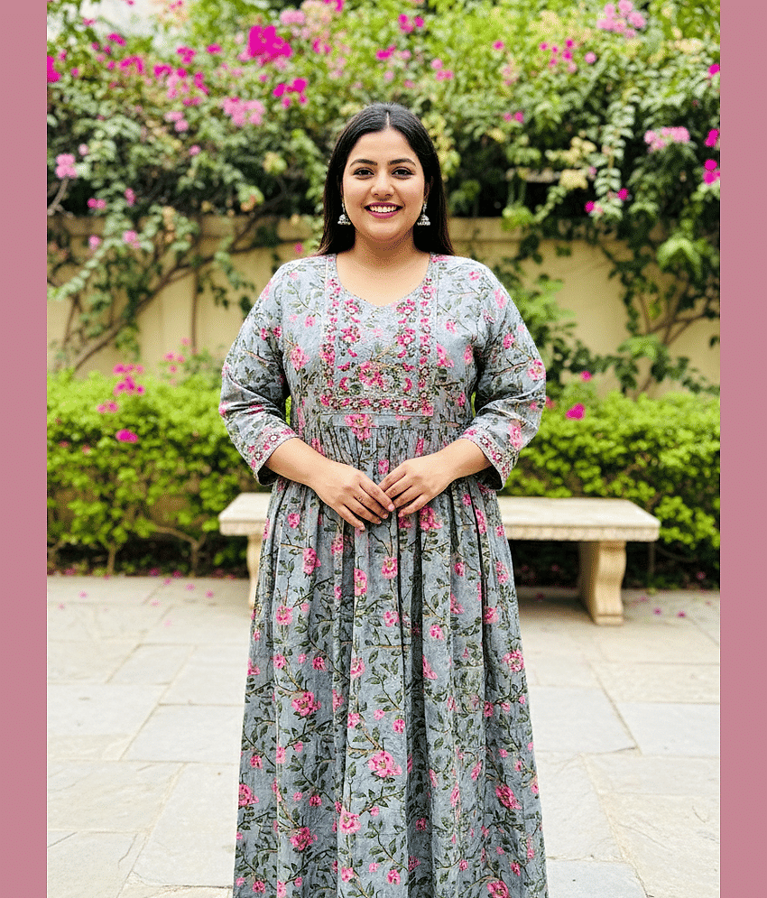 Flavia Creation Women Cotton Gown ( Grey )