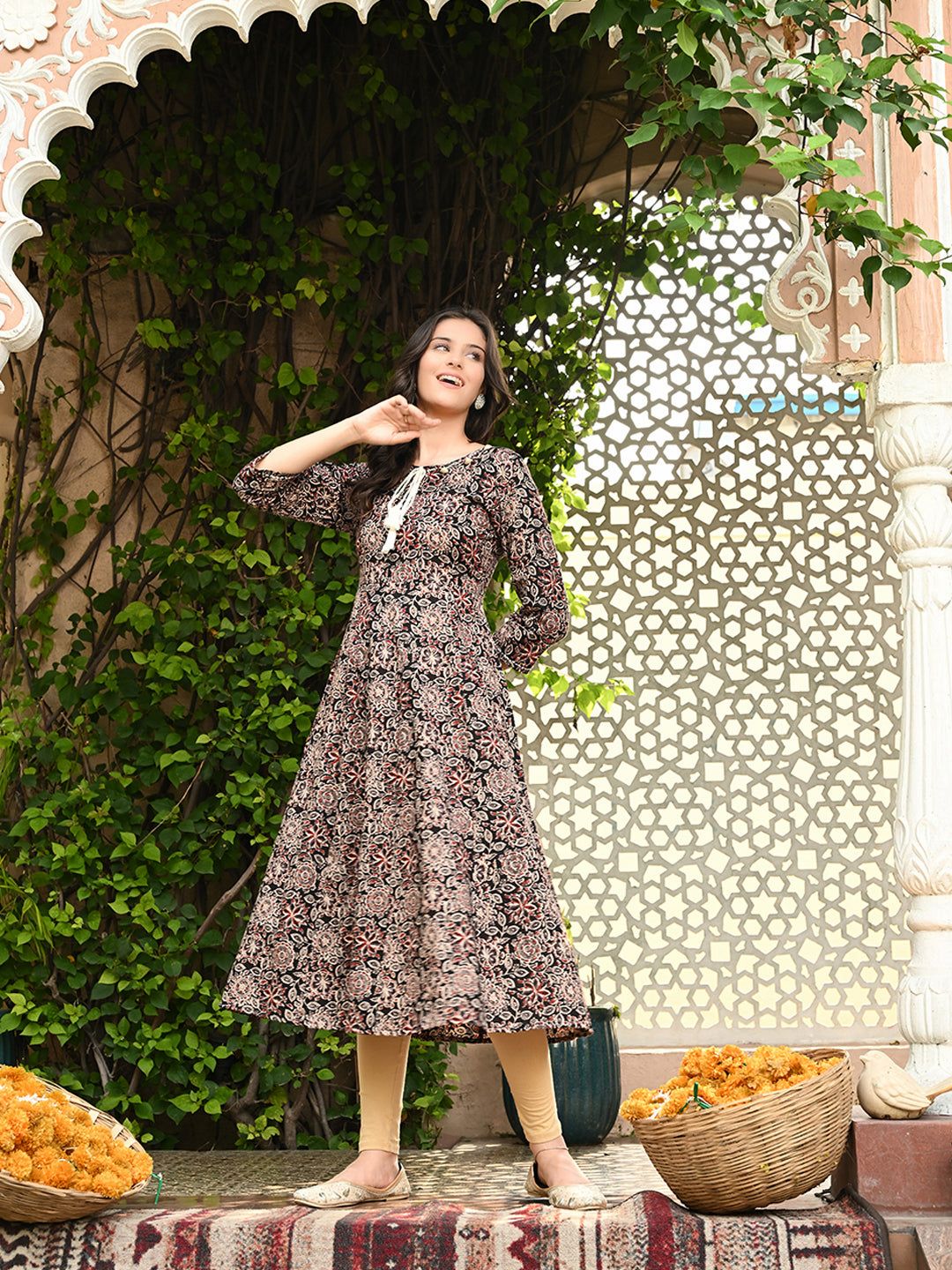 Bagru Ethnic Anarkali Kurta-S / Black