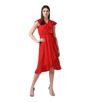 Women's Polyester Ruffled Cap Sleeve Knee-Length Dress (Red, S)-PID55763 Women's Polyester Ruffled Cap Sleeve Knee-Length Dress (Red, S)-PID55763