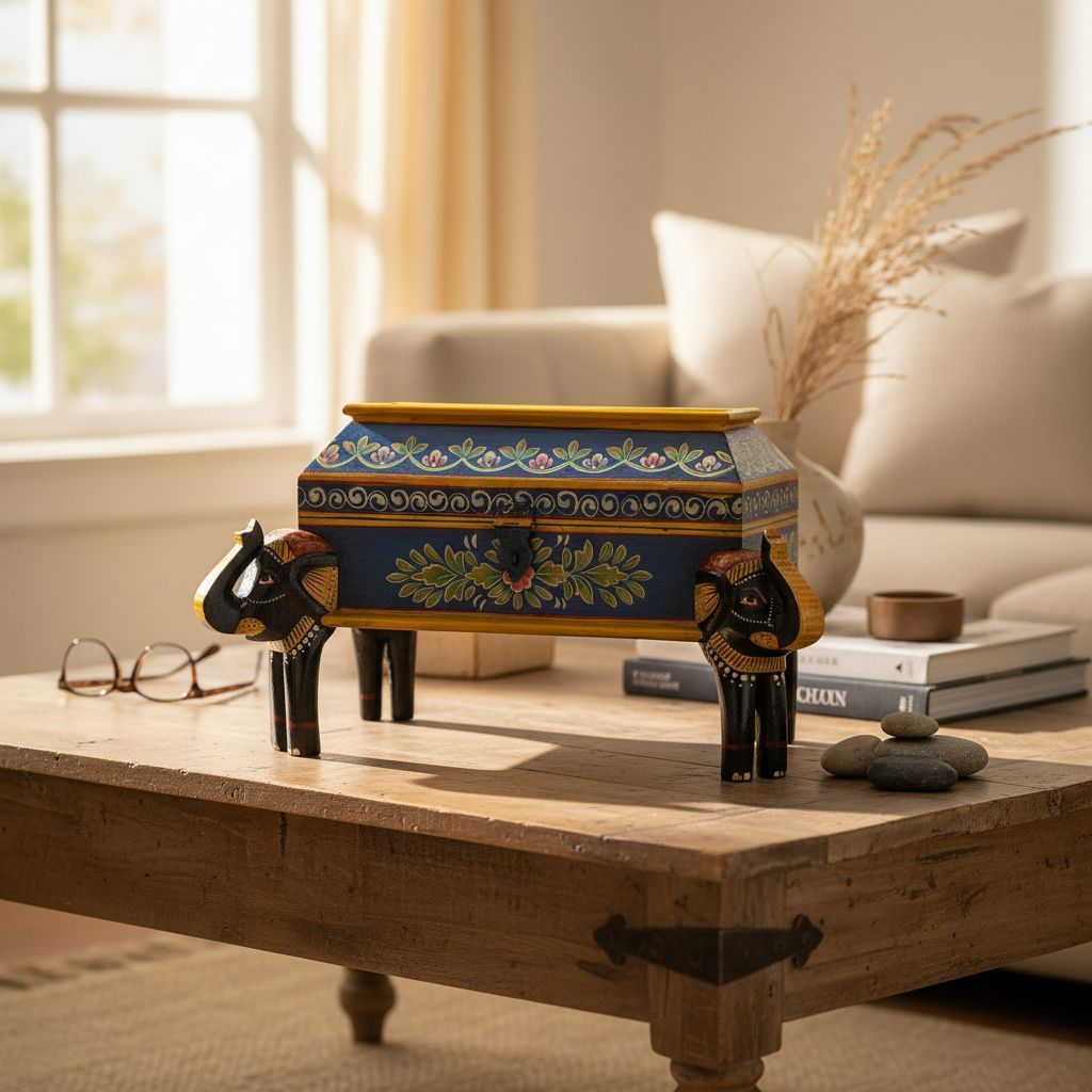 Wooden Hand-Painted Jewelry Storage Box with Elephant Leg Stand
