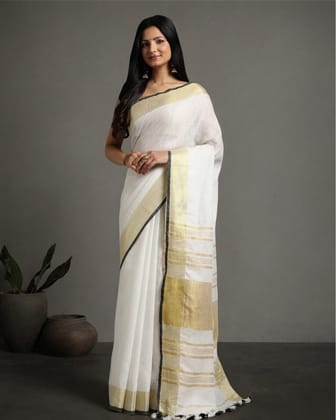 Lively Handwoven Pure Linen White Saree