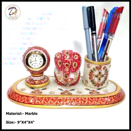 Marble Clock Pen Stand With Ganesha