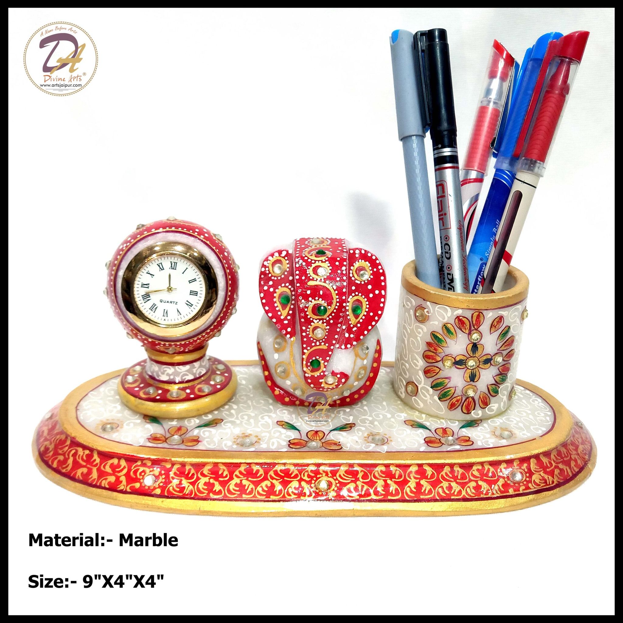 Marble Clock Pen Stand With Ganesha