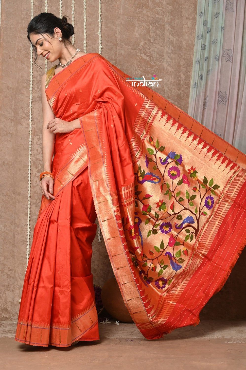 Tyohaar ~ Handloom Pure Silk Muniya Border Brocade Paithani Saree with Handcrafted Peacock Floral Pallu ~ Bright Red (By Government Certified Weavers)