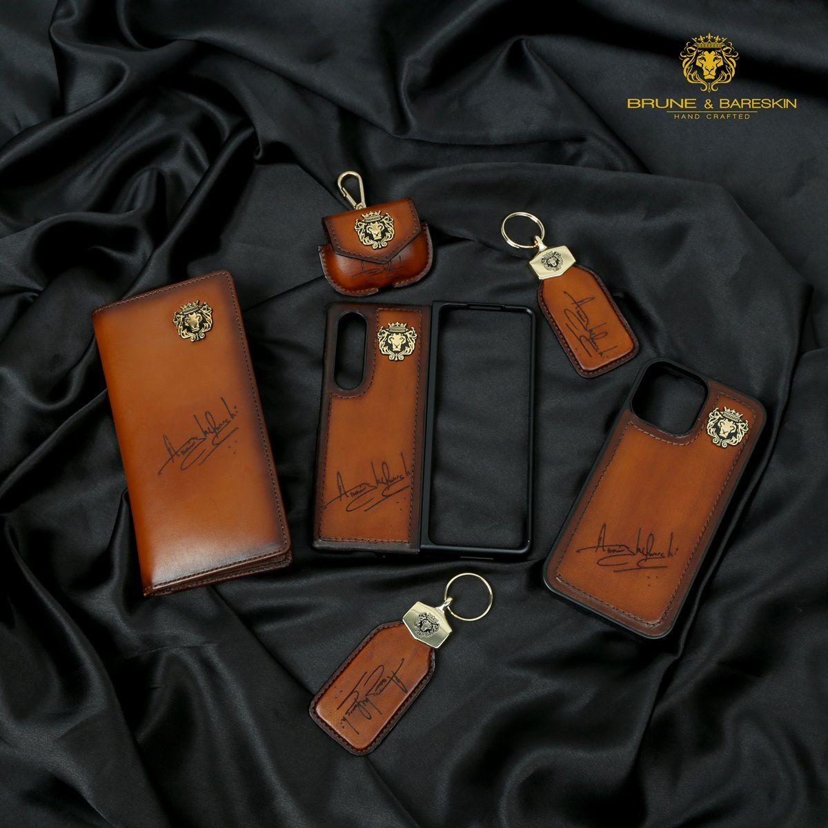 Bespoke Scritto Laser Combo Pack of Mobile Cover, Key Chain, Airpod Cover and Leather Long Wallet By Brune & Bareskin-X / FOLD 2
