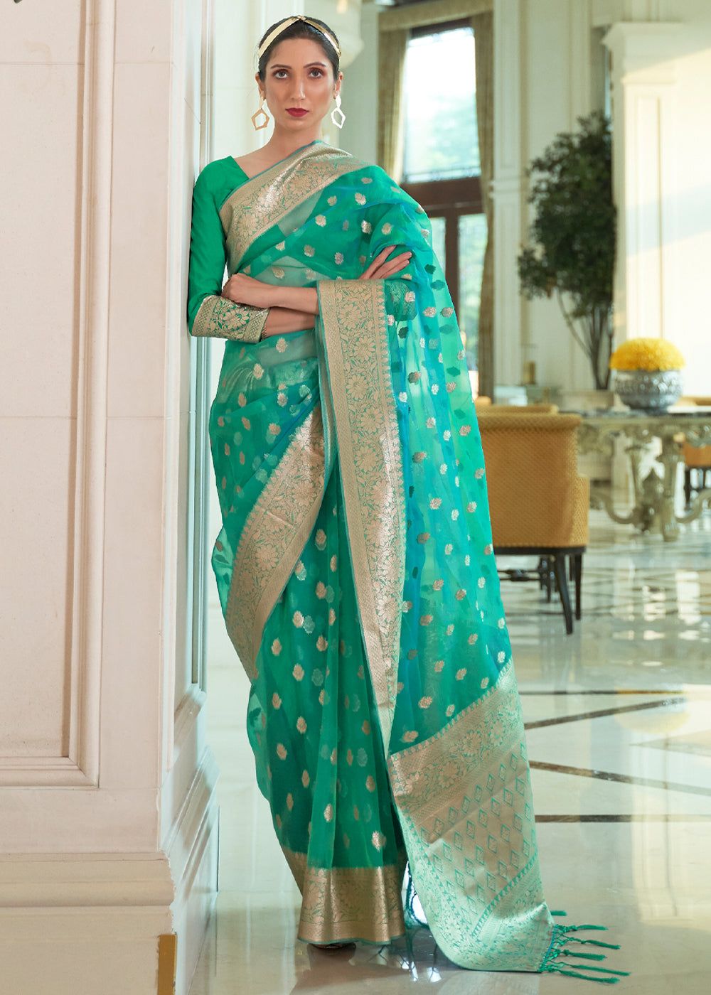 Ganges Green Woven Organza Silk Saree