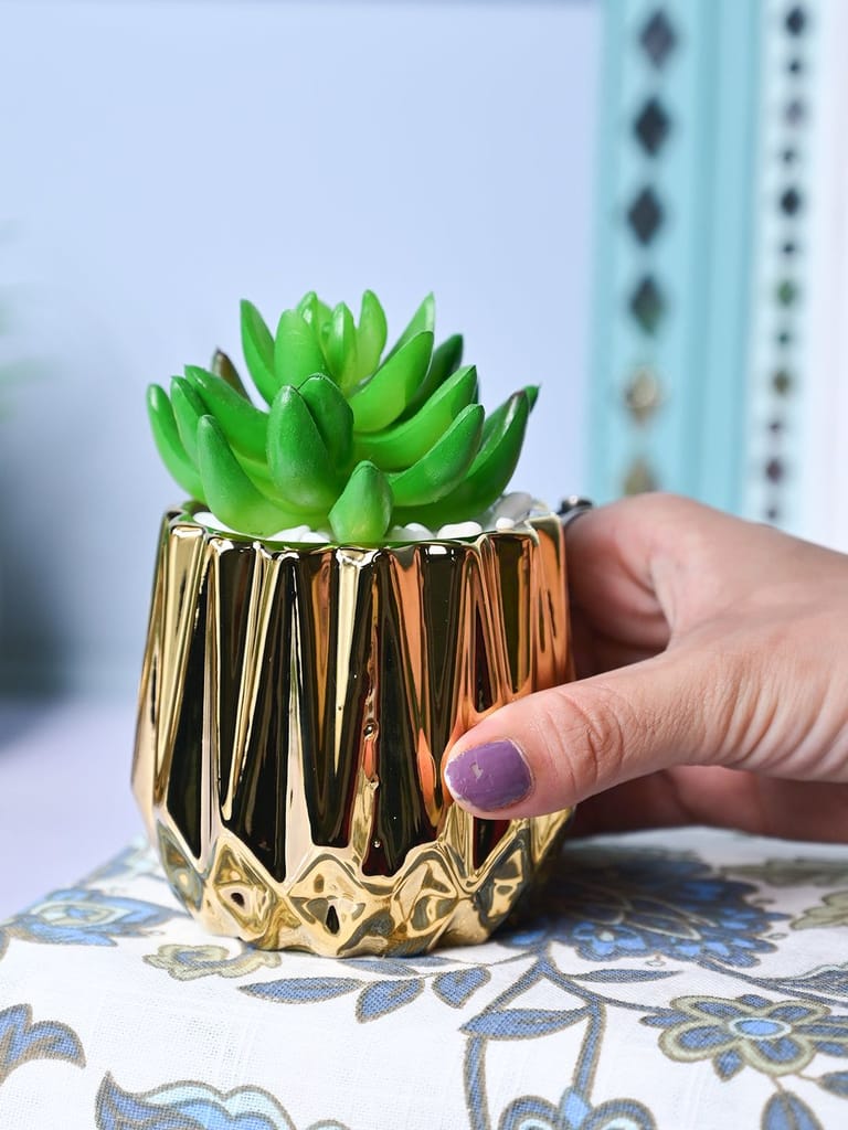 Zigzag Beauty - Glossy Ceramic Pot with Artificial Plant